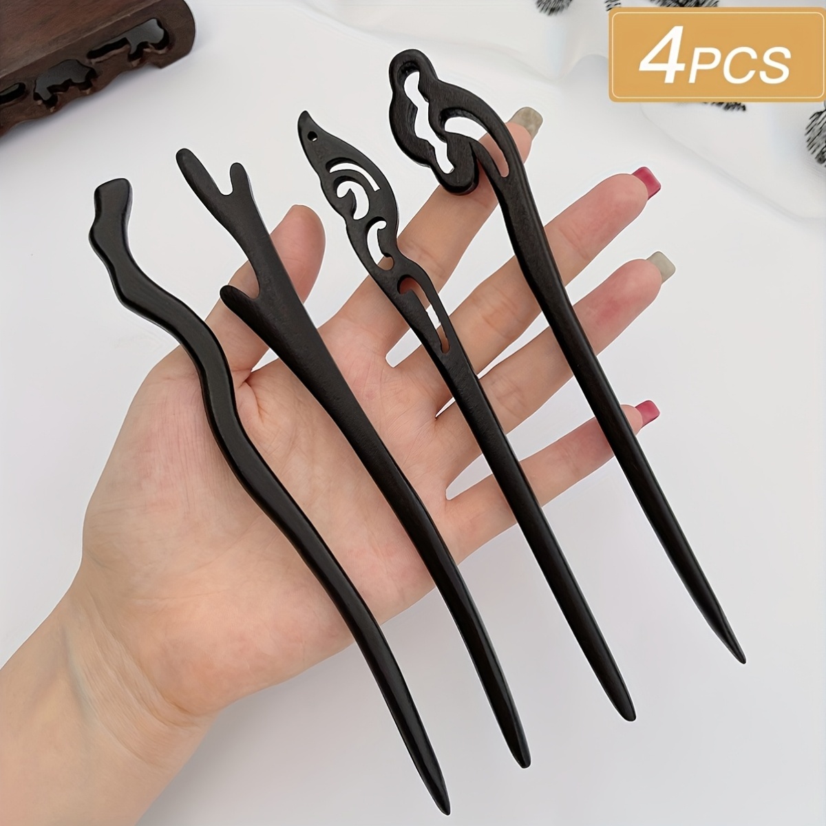 4pcs Versatile Black Wooden Hairpins, Retro Style
